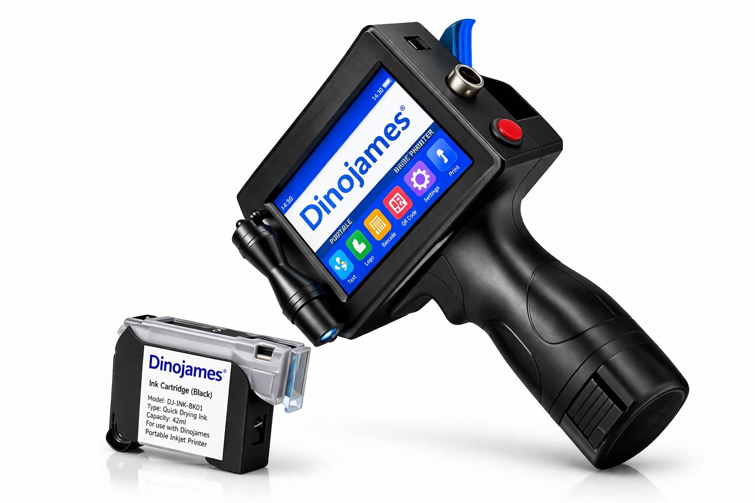 dinojames handheld inkjet printer, 4.3" touch screen, 600 dpi, portable batch coding machine for date, mrp, expiry, barcode, qr code printing size-12.7mm