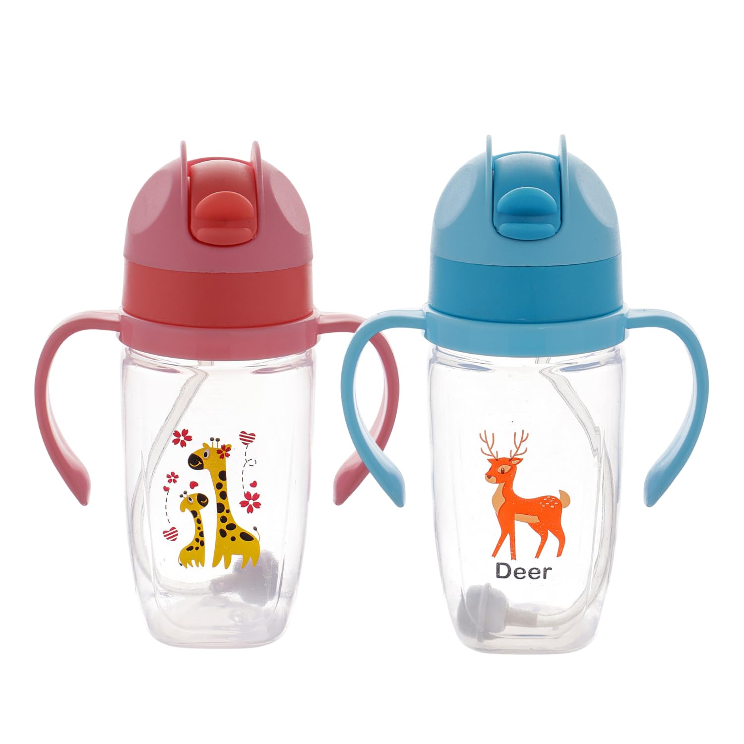 Nabhya 300ml Spill-Proof Toddler Sippy Cup with Gravity Ball Straw & Flip Top Lid | BPA-Free Transparent Kids Water Bottle with Easy Grip Handles | Leakproof Baby Sipper Cup for Babies (Pink&Blue)-image-2