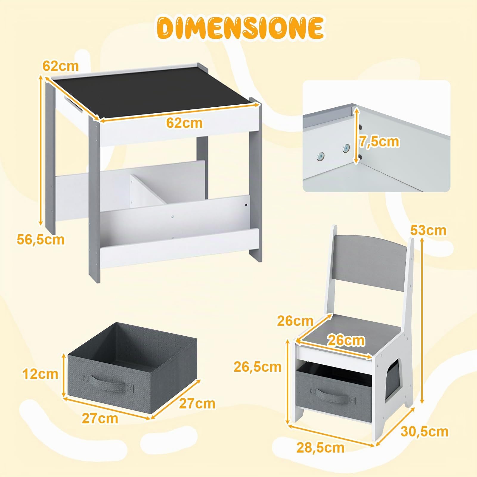 RELAX4LIFE 4 in 1 Tavolino e Sedie per Bambini, Tavolo con Piano Bifacciale Rimovibile e 2 Librerie Laterali, Sedia con Schienale Ergonomico e Cassetto, per Bambini 3+ Anni (Grigio)