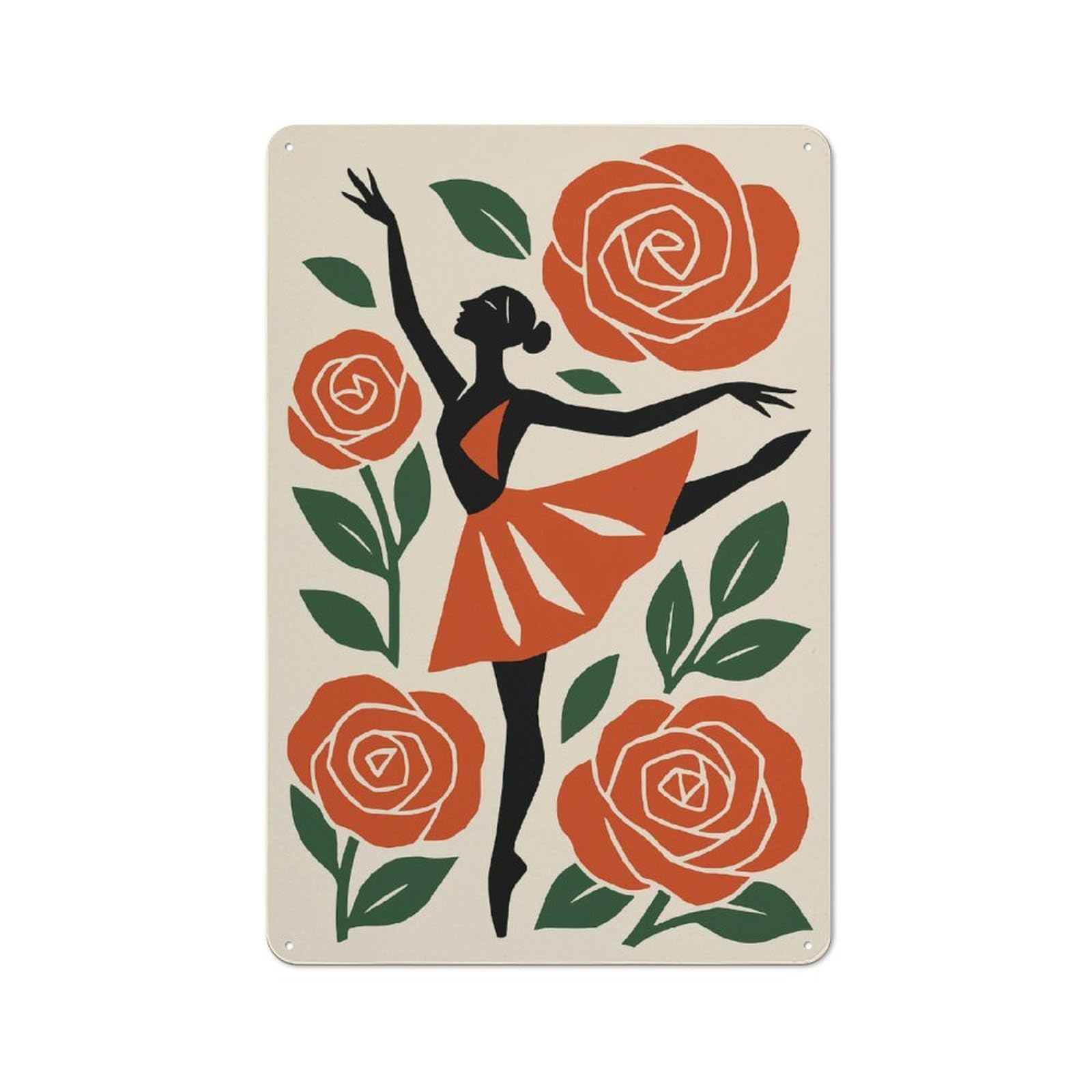 Junmoney Style-13 Ballerina With Roses Retro Tin Wall Plaque 30X20cm For Guest Room Or Hallway, For Vintage Wall Decor Fans, For Themed Room Decoration