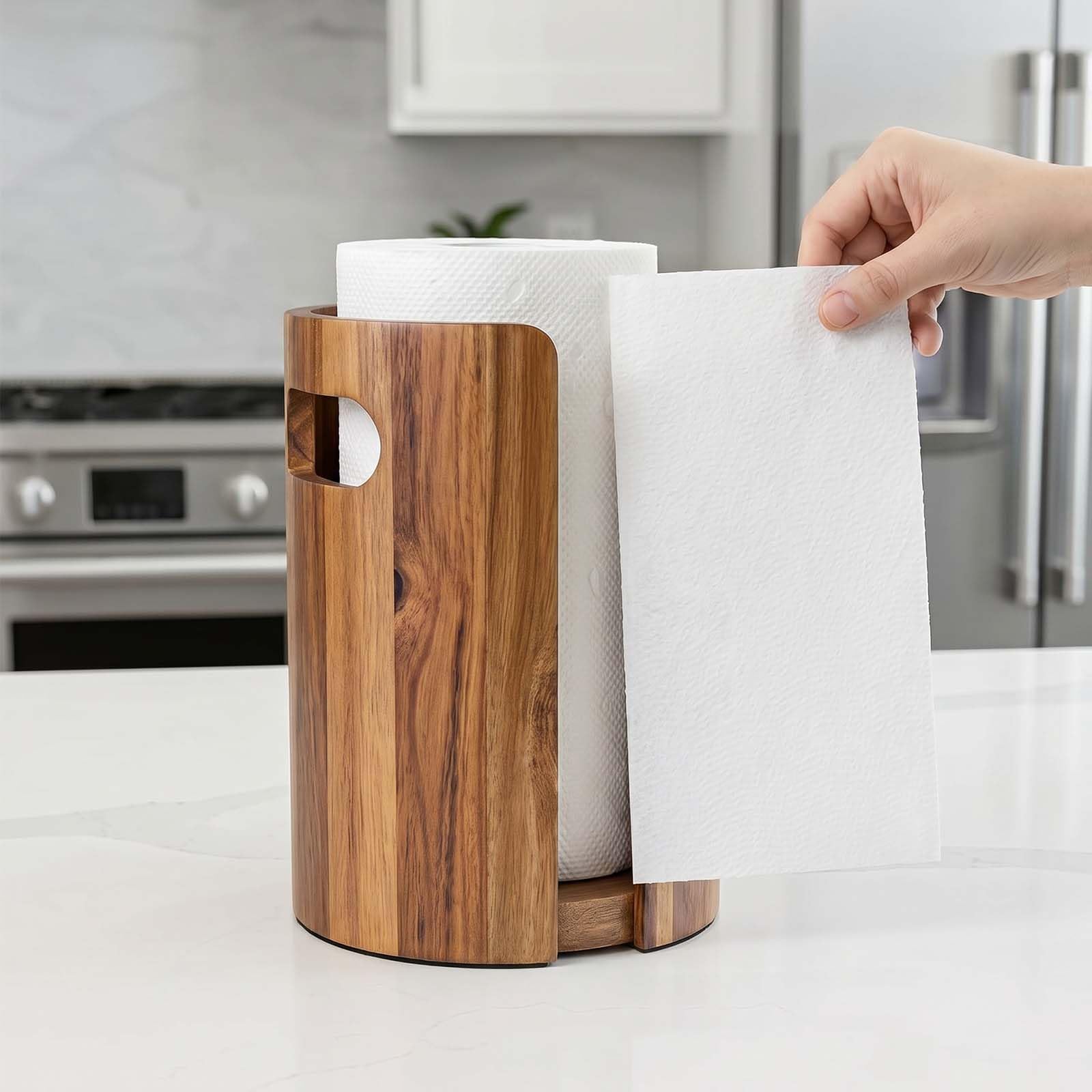 Porte Essuie-Tout en Bois pour Plan de Travail Cuisine, Support Sopalin avec Pare-éclaboussures, Poignées, Base Antidérapante et Lestée – Décor Maison Naturel pour Cuisine, Salle de Bains, Appartemen