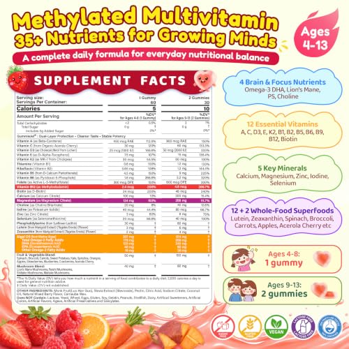 Image of Kids Methylated Multivitamin Gummies with Omega 3 DHA /EPA, Methyl 12 & Folate, Lion's Mane Mushroom, Vitamin D3, C, Zinc, Magnesium, Picky Eater Vitamins Children 4+ for Brain, Focus, Sugar Free, 60Ct