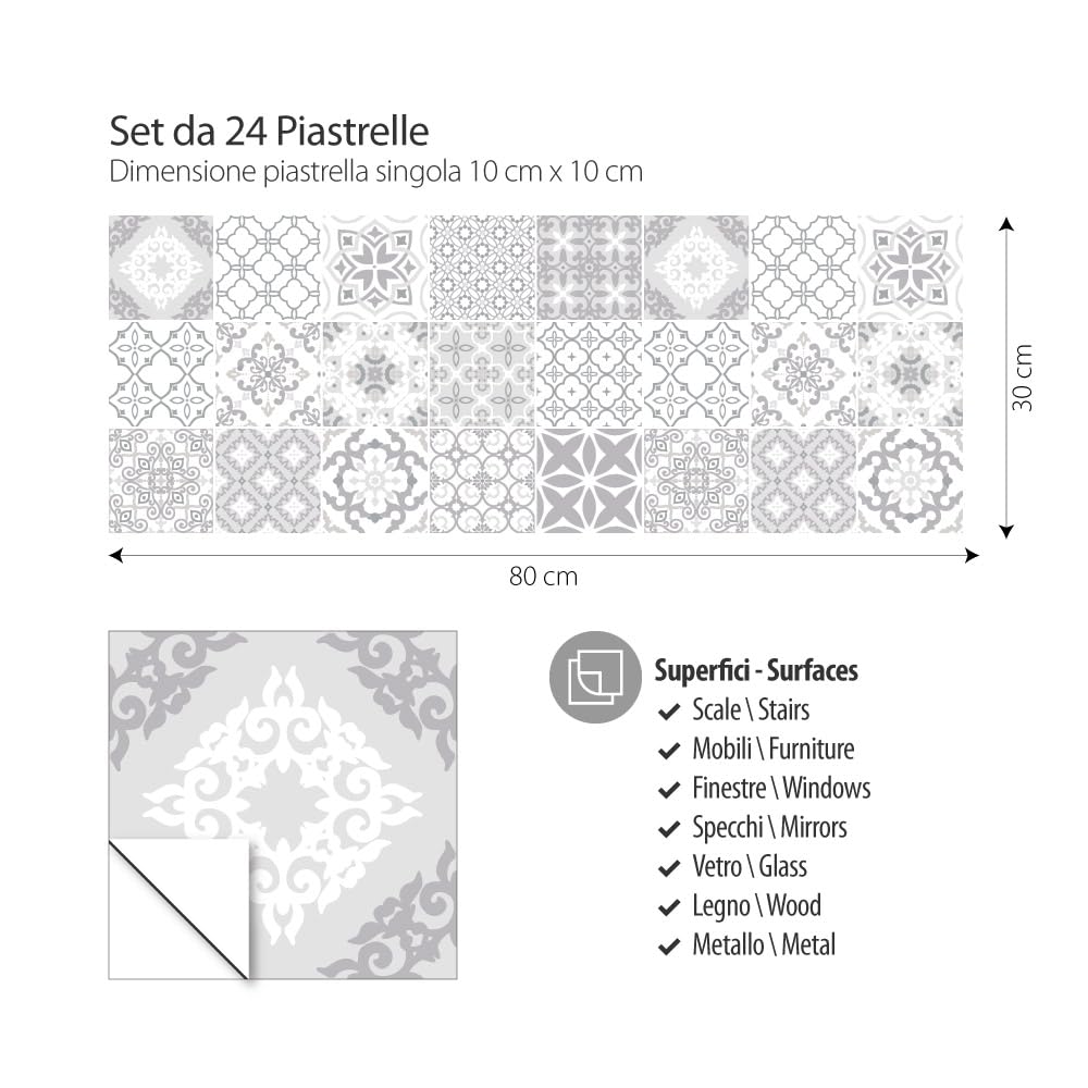 RE-COVERTILES - Adesivi per Piastrelle Bagno e Cucina 24 Pz 10x10 cm - PS00237 Decorazione murale in PVC impermeabile mattonelle mosaico stile cementine Azulejos