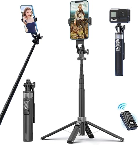 UNILLQSS Palo selfie para iPhone con control remoto, trípode GoPro portátil de 53 pulgadas con base mejorada, trípode Gopro Selfie Stick ajustable