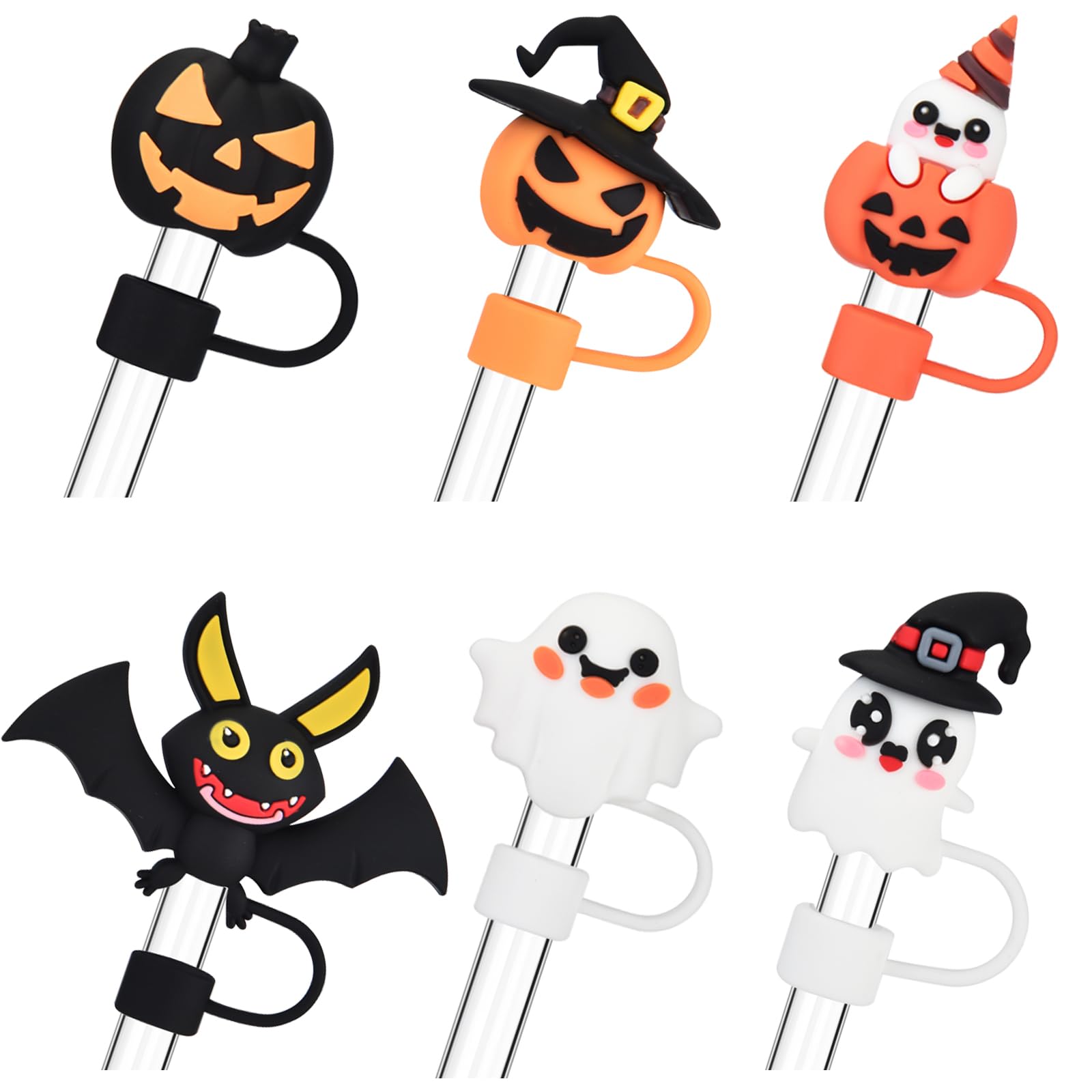 Haundry 6Pcs Halloween Straw Cover Cap for Stanley Cup 40oz/30oz Tumbler, 10mm Reusable Cute Ghost Drinking Straw Topper Accessories, Portable Protector Plugs Decorations Gifts for Party Halloween