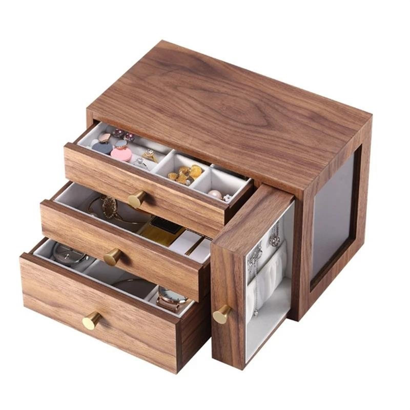Joyero Viaje Caja Joyería Madera Maciza Nogal Negro Con Espejo Almacenamiento Hecha Mano Grabado Joyeros