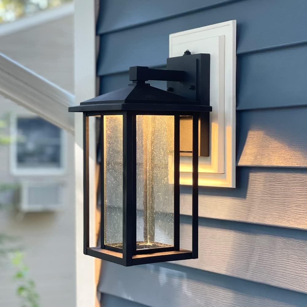 Maxxima LED Outdoor Wall Light - Seeded Glass, Features Automatic Dusk to Dawn Photocell Sensor, 1000 Lumens, 3000K Warm White, 15.5 Inch Height, Decorative Home Entryway and Porch Lantern