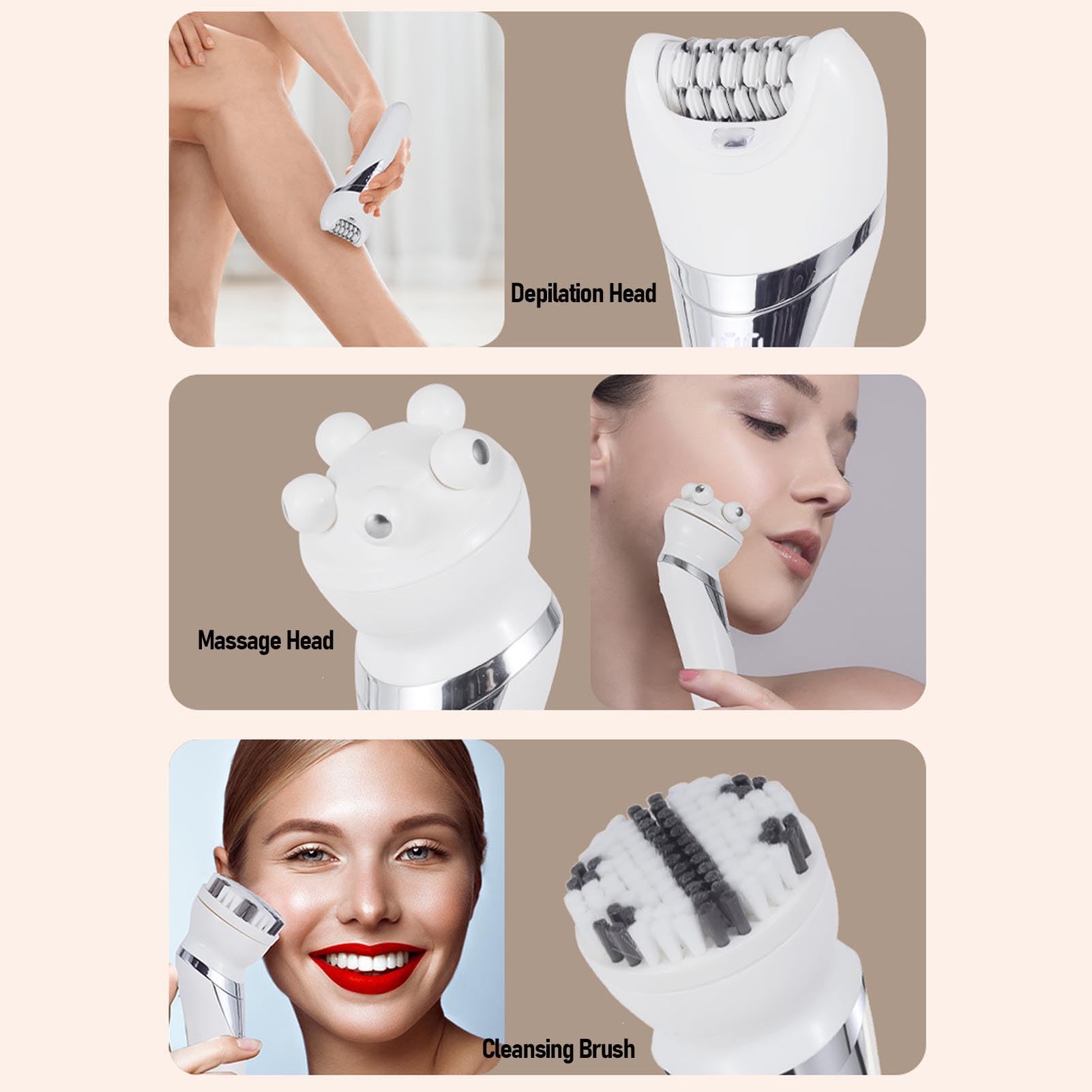 TARSHYRY Depiladora 6 en 1, Exfoliante Corporal para Masaje Facial en Seco y Húmedo para Mujeres, con Cable de Carga USB y Cabezales Múltiples