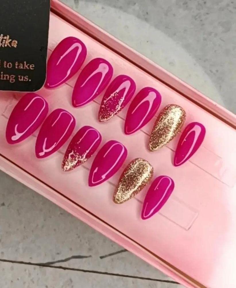 Aarti Enterprises Light Weight Multi color shining Glossy Light Design Press on Nails Set- Pack of 10 (Fancy-2) (Rani pink)-image-35