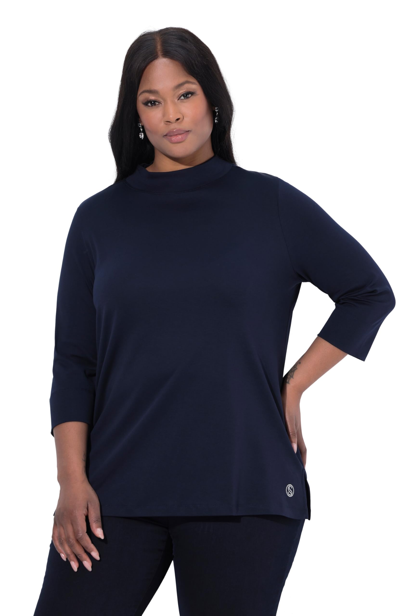 Ulla Popken Damen große Größen Übergrößen Plus Size Shirt, A-Linie, Stehkragen, 3/4-Arm, Pima Cotton 822182