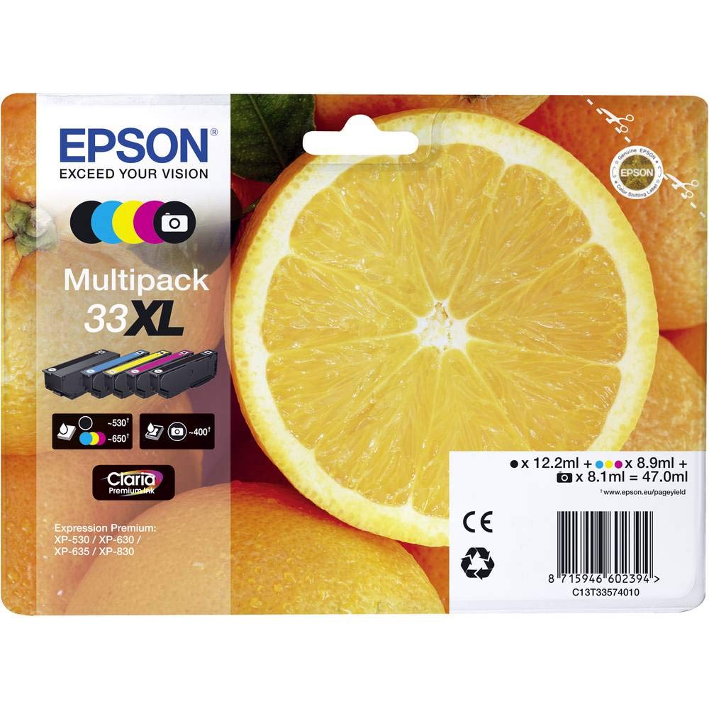 Epson Original Orangen Claria 33XL Multipack extra große Tintenpatrone – 5 Farben: Patronen: Schwarz, Cyan, Magenta, Photo Schwarz, Gelb – 1 x 12,2 ml, 3 x 8,9 ml, 1 x 8,1 ml