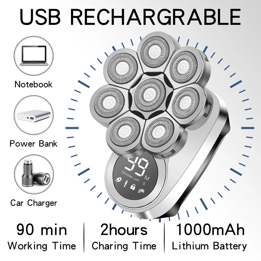 Rasoio elettrico per uomini calvi, 6 in 1, rasoio elettrico USB a testa calva, display a LED a ricarica rapida, senza fili, con rasoio per peli del naso
