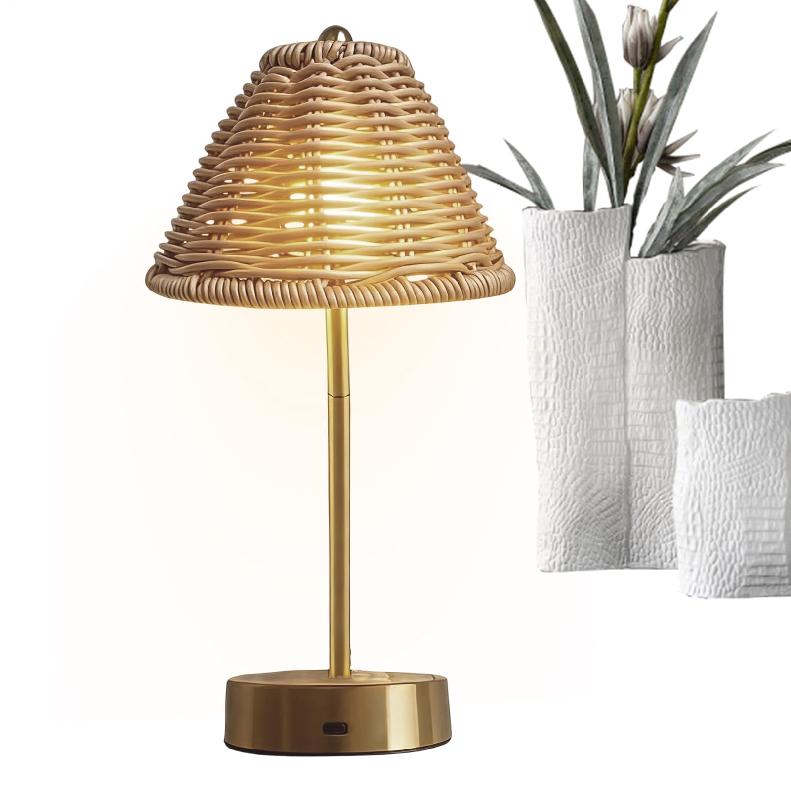 Lampada da Tavolo in Rattan 3 Livelli Luce Vintage Portatile a Ricarica USB