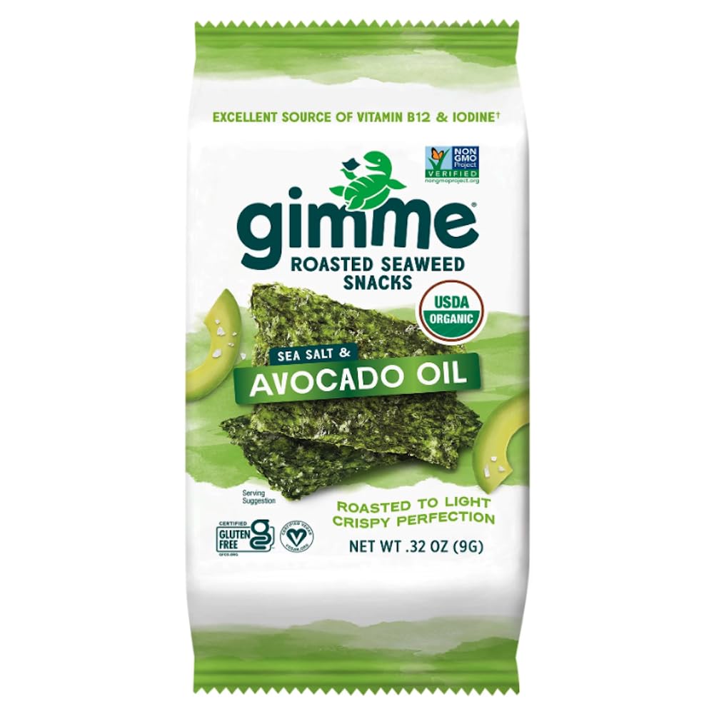 Gimme Seaweed Organic Premium Roasted Seaweed Snacks, Sea Salt & Avocado Oil, 9g Sharing Pack (Single) Keto, Vegan, Gluten-Free, Source of Omega3s & Iodine, Healthy On-The-Go Snack for Kids & AdultsUSDA Organic