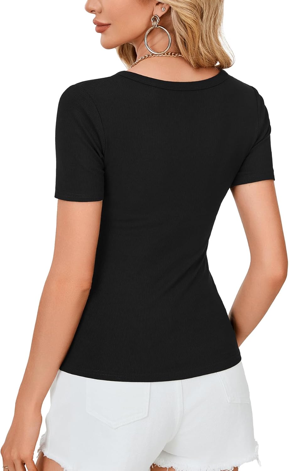 Vrtige Women's Summer Short Sleeve Shirt Half Zip Ribbed Knit Fitted Tee Top T Shirt - Image 5