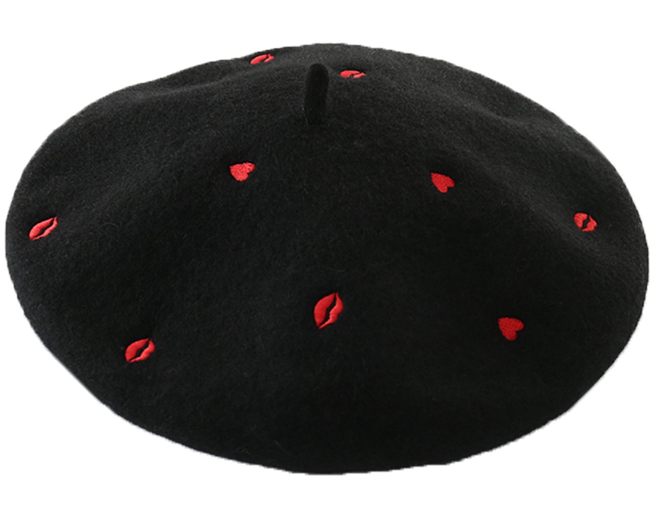 Joyhy Women's Black Red Lips Hearts Embroidered Wool French Style Beret Hat