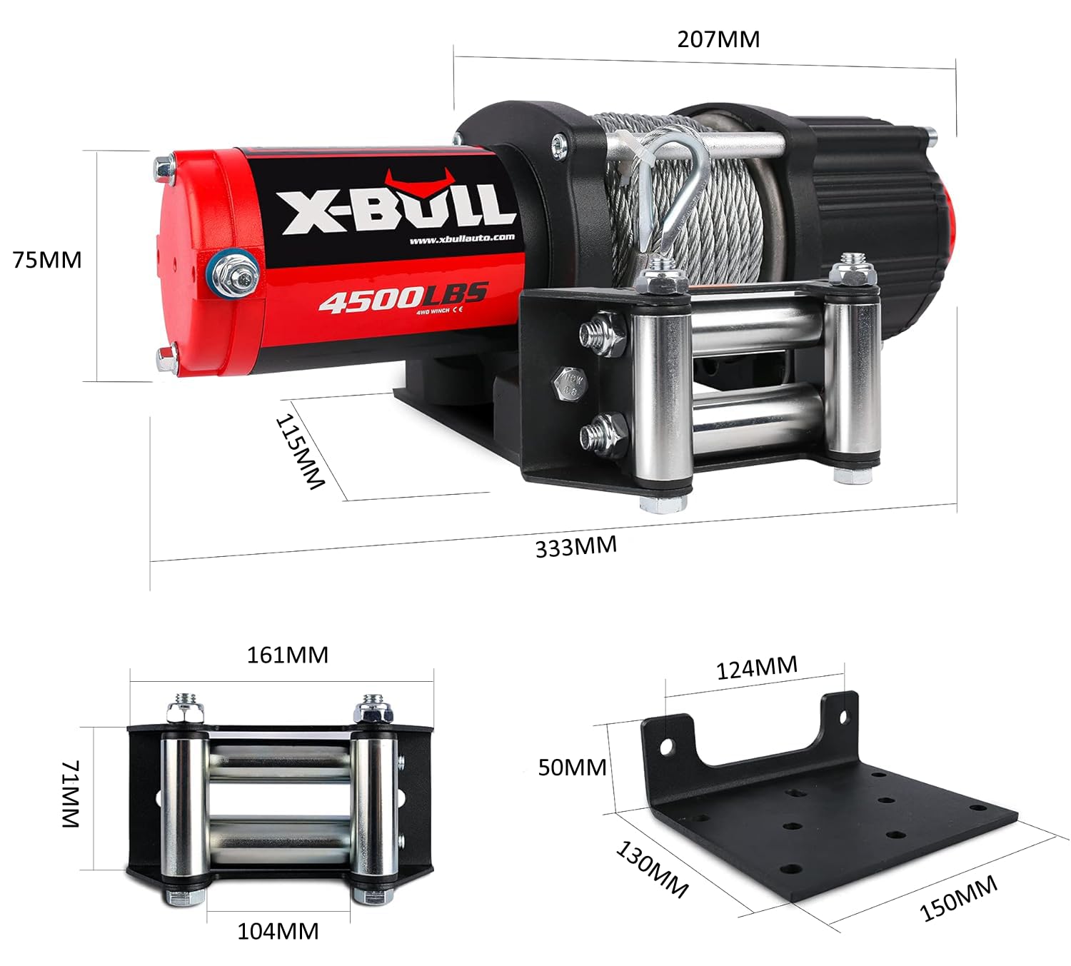 X-BULL Elektrische Winde für Quad - Durchzugskraft 4500lbs (2041kg) - Starkes und Haltbares Seil - Motorwinde Kabelzug - für Pflüge, UTV, ATV, Quad, Offroad - 40 X 12 X 12 cm - 12V, Schwarz