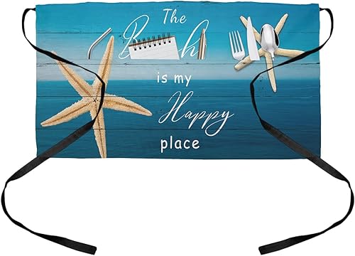DecorLovee The Beach is My Happy Place Waitress Apron with 3 Pockets Blue Ombre Wood Ocean Starfish Server Aprons Waterproof Kitchen Restaurant Half