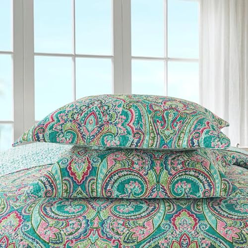 NEWLAKE Cotton Bedspread Quilt Sets-Reversible Patchwork Coverlet Set, European Teal Floral Pattern, California King Size