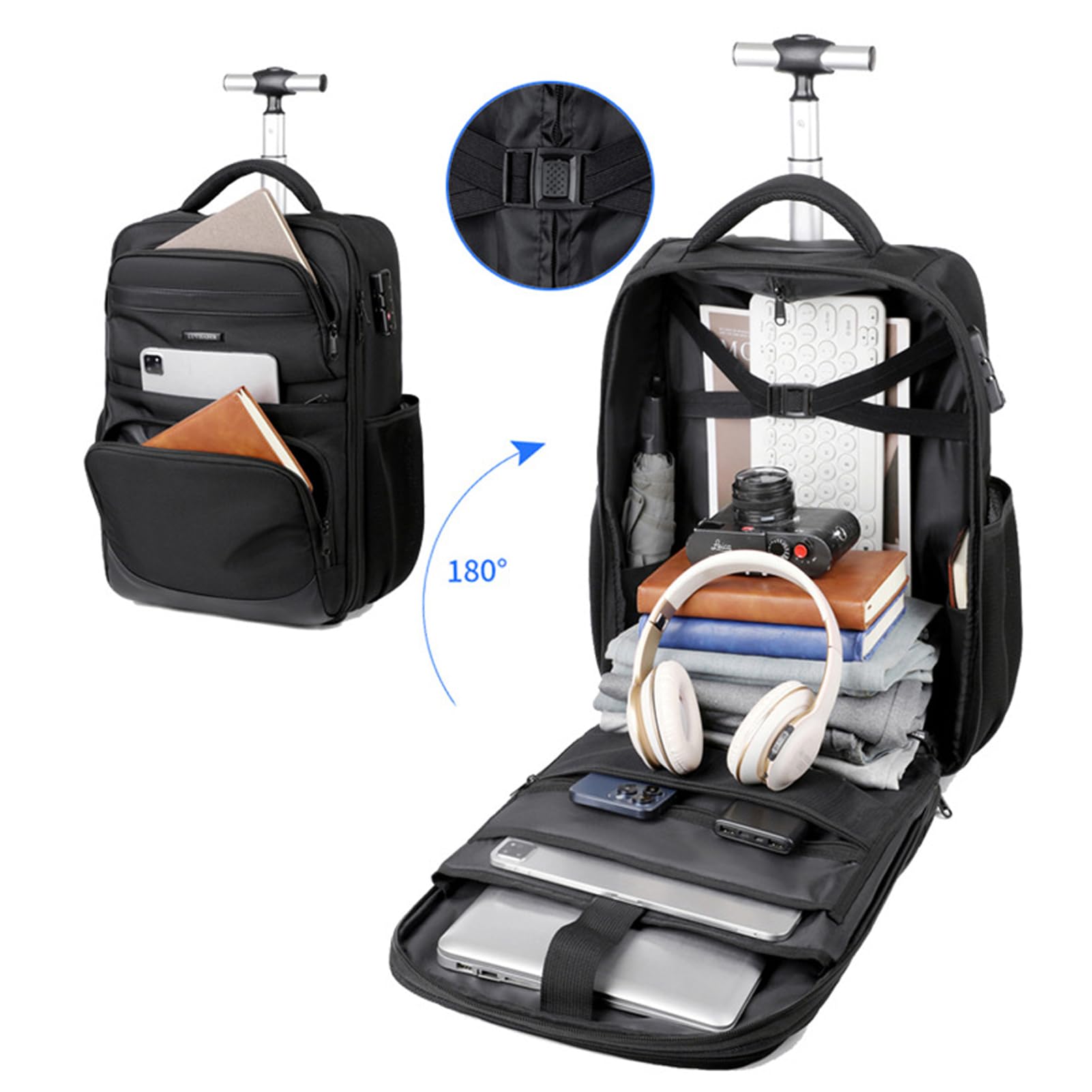 Zaino da Viaggio Trolley con Ruote Bagaglio a Mano Travel Backpack Valigia Suitcase Zainetto 18 Pollici Grande Borsa Laptop per uomo e donna Impermeabile Serratura a Codice Campeggio Scuola Nero