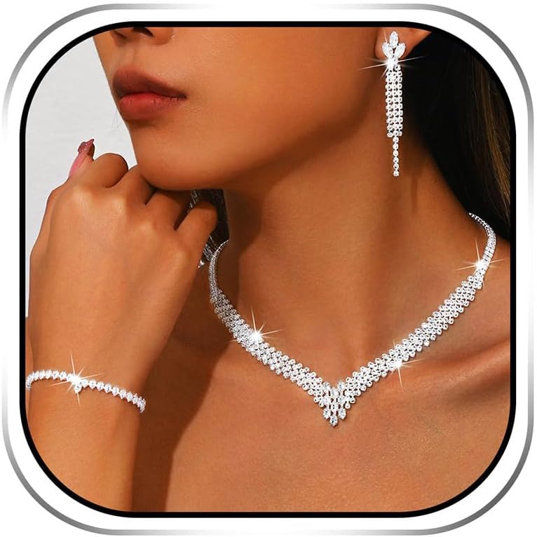 Sixexey Rhinestone Bridal Jewelry Set Clip On Earrings Wedding Prom Jewelry Accessories for Women