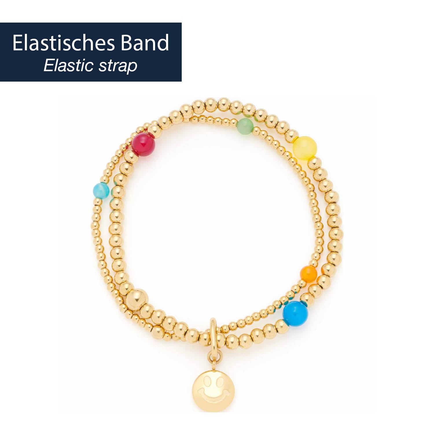 JEWELS BY LEONARDO Armband Clip & Mix Smile • elastische Arm-Kette ausgoldfarbenem Edelstahl • doppelreihig aufgefädelte Perlen durchbrochen von bunten Achat-Perlen • 19,5 cm Länge • Damen • 023750