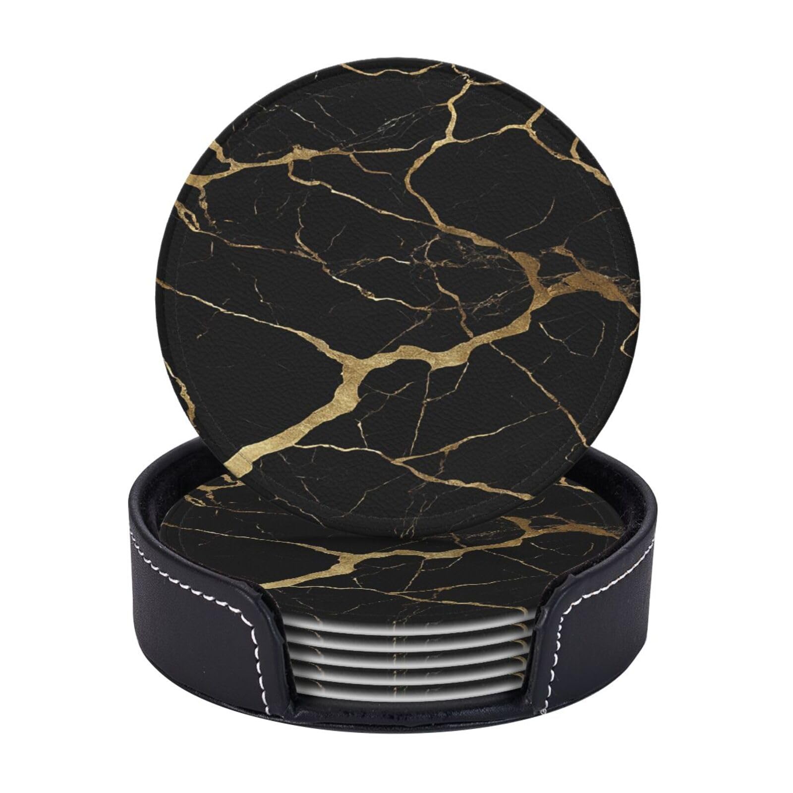 Augustrush Black Gold Marble Round Pu Leather Coasters Set Of 6, Print Coaster With Storage Box, Heat-Resistant Non-Slip Drink Pads For Kitchen Desk Office Dining Table