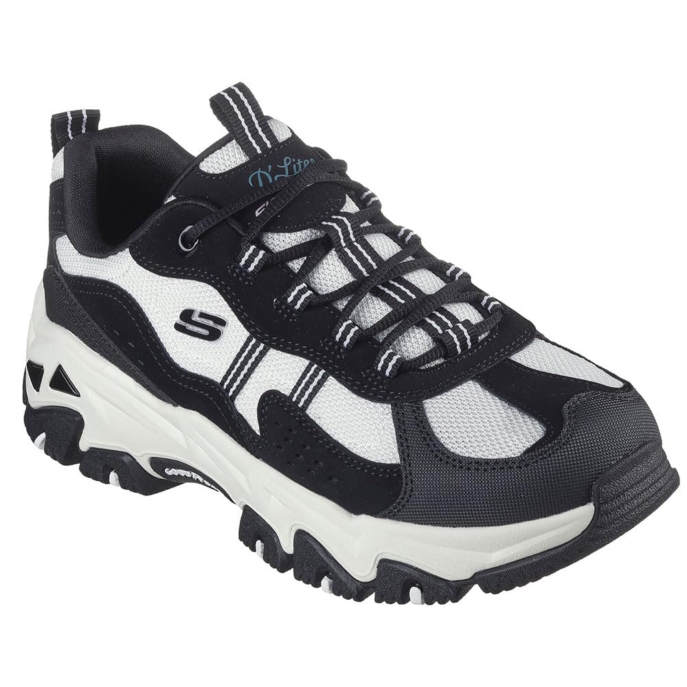 Skechers Women's D'Lites Hiker Sneaker, Black Leather/Synthetic/White Trim, 6.5 UK