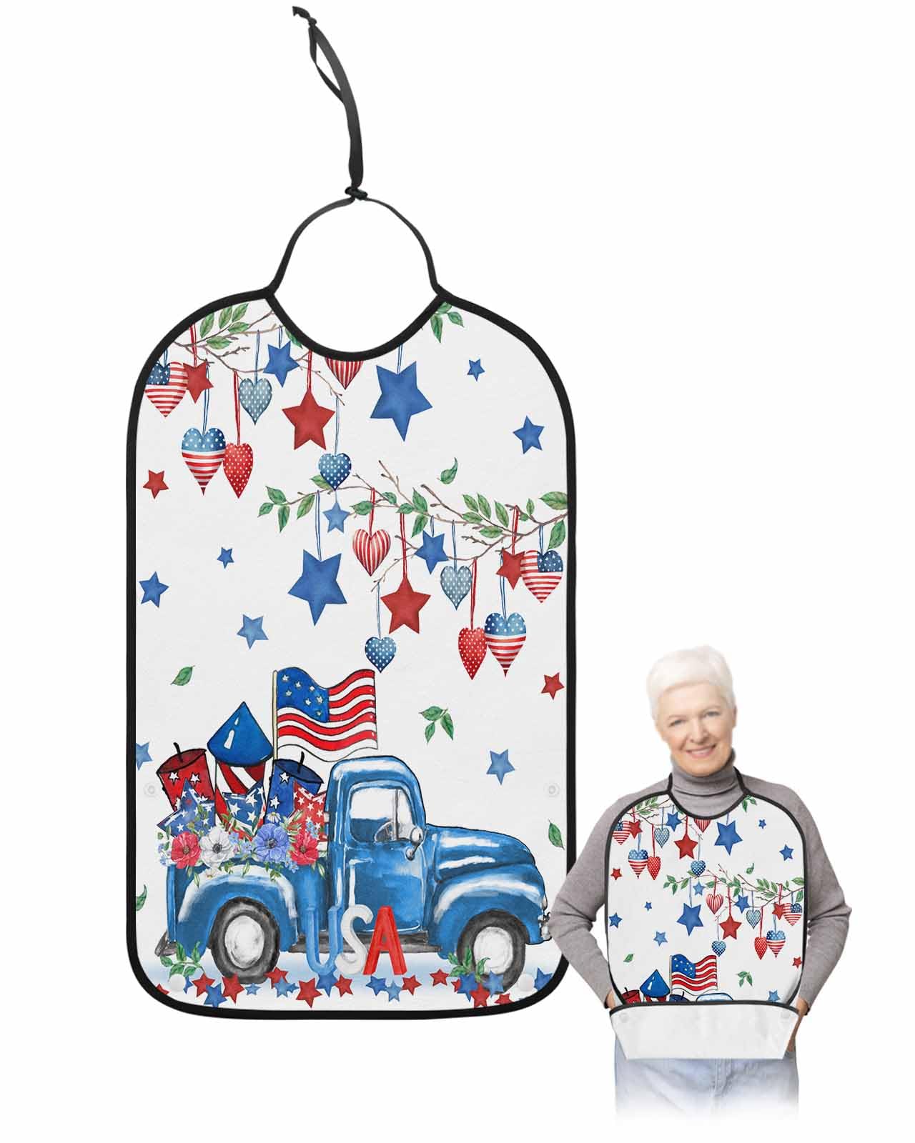 LEOKOTI Blue 4th of July Adult Bibs for Eating, Waterproof Bibs with Food Catcher & Adjustable Snap Closure, Independence Day Floral Star Love Heart Washable Clothing Protectors Adult Bibs for Elderly