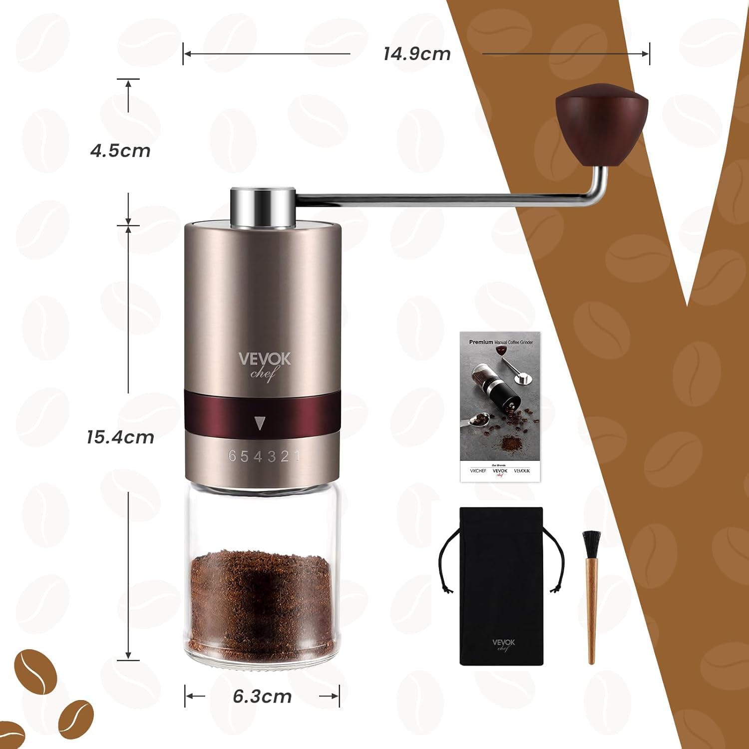 Vevok Chef Molinillo de Café Manual con 6 Ajustes Externos de Grosor para Espresso a French Press, Muela Cónica de Acero Inoxidable, Ideal para Casa, Oficina o Viajes, Oro Rosa