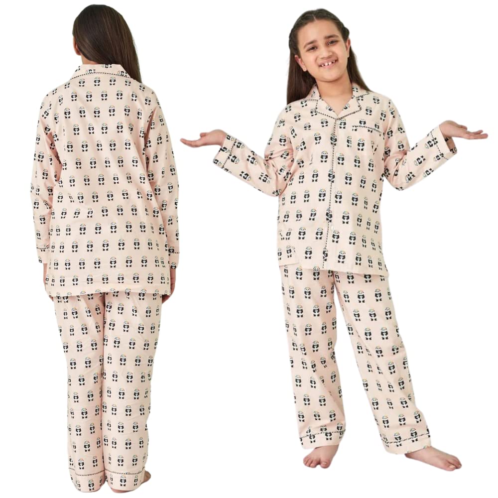 Giggle buns Fuzzy Panda Print Notch Collared Nightsuit Peach Cotton Night Suit with Pajama | Printed T-Shirt & Pyjama Set | Combo of Mother and Kids Nightwear.