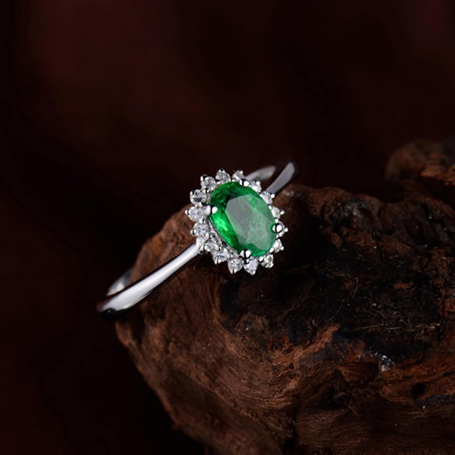 Engagement Ring 18K White Gold, Wedding Band Vintage Oval Emerald Flower Ring Engagement Gift for Women