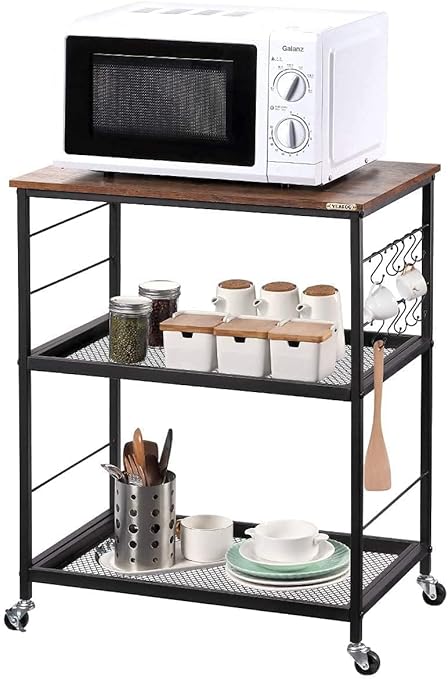 Indian Decor. 35715 Classic 3-Tier Kitchen Cart with Storage, Vintage Microwave Oven Stand on Wheels, Rolling Baker?s Rack with Metal Frame and 10 Hooks, Coffee Cart for Living Room Restaurant