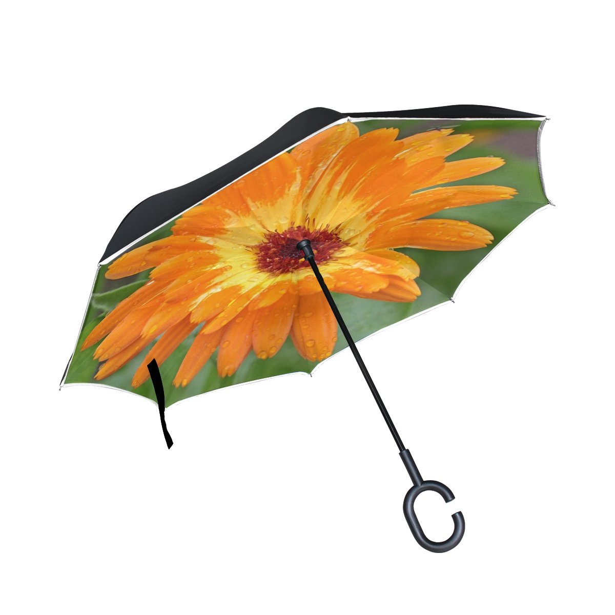 TIANYUSS Double Layer Inverted Marigold Calendula Blossom Bloom Bi Color Umbrellas Reverse Folding Umbrella Windproof Uv Protection Big Straight Umbrella For Car Rain Outdoor With C-shaped Handle