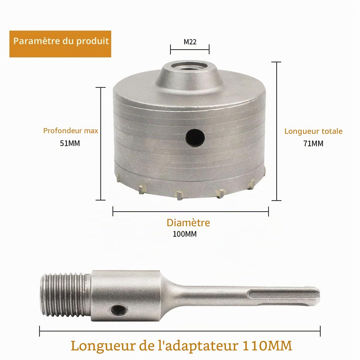 Meccion Scie à Cloche Trépan Béton avec Adaptateur SDS Plus 110 mm, Pour Brique Béton Ciment Pierre (110mm+110mm SDS Plus Adaptateur)