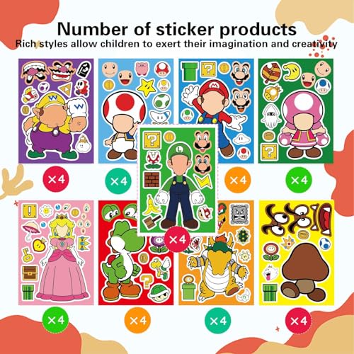 Image of 36 Sheets Mario Make a Face Stickers, Cartoon Book Crafts, DIY Party Supplies Favors Your Own Mixed and Matched with Different Designs Characters Birthday Gifts Class Reward Decor, Recommended Age 13