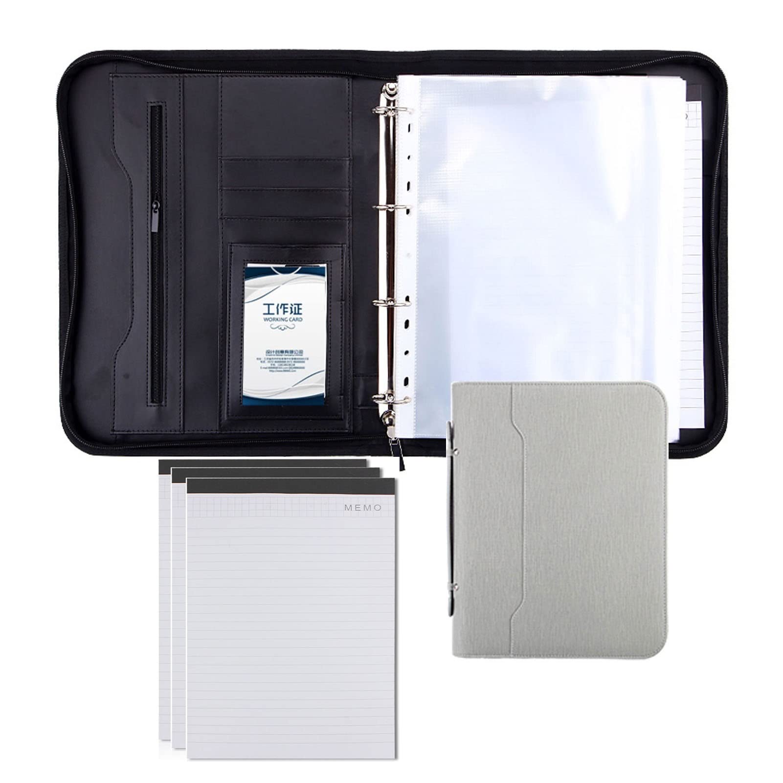 A4 Zwischenablage Ordner mit Speicher, Portfolios Binder Faux Leather Travel Organizer Pouch Zipper Closure for Documents Presentation Folders Business Cards(Light Gray,No calculator)
