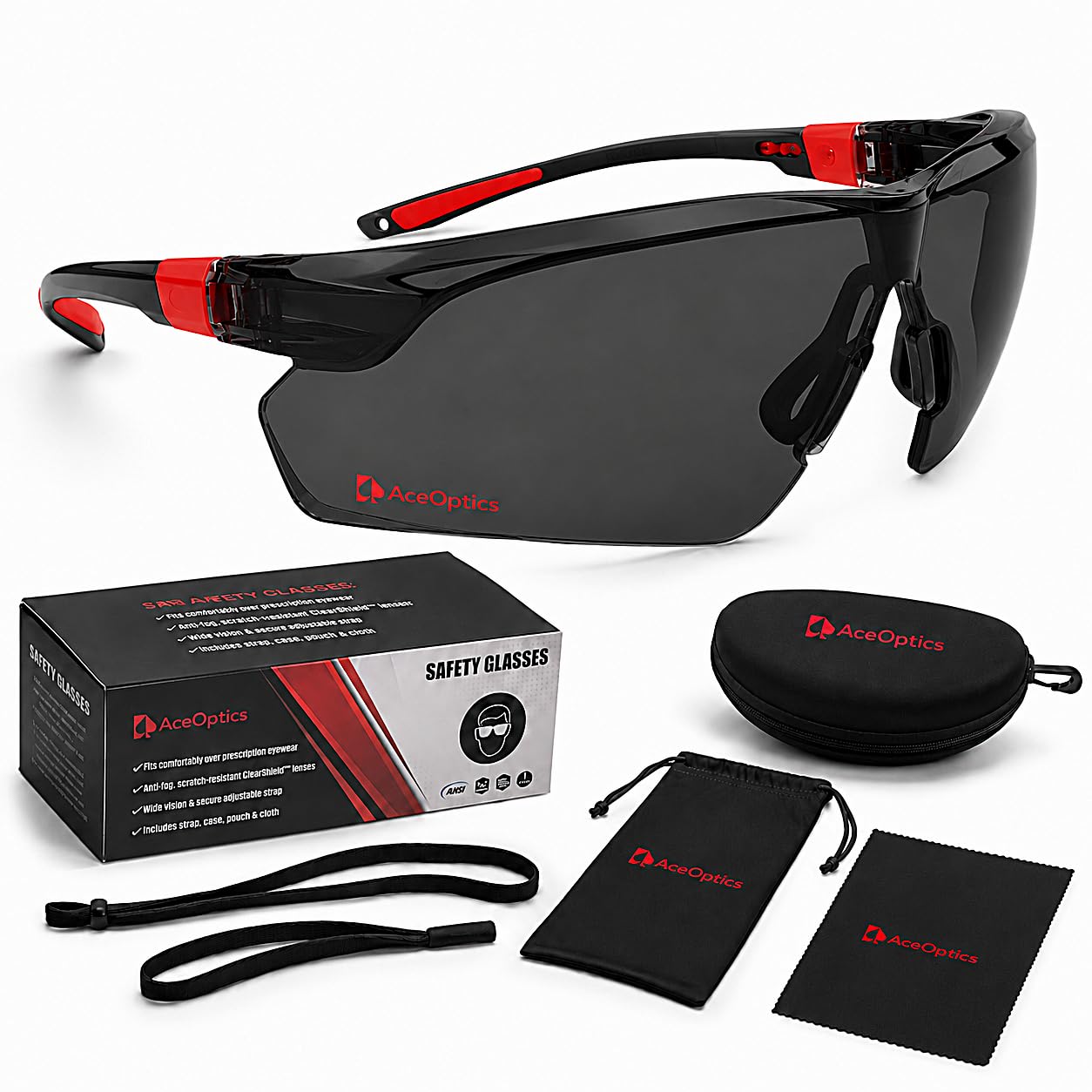 Safety Sunglasses for Men – Black &amp; Red Tinted Shooting Glasses with 5X Anti Fog Scratch Resistant Lenses, Z87.1 Protective Eyewear for Gun Range, Work &amp; Outdoor Sports – Complete Kit