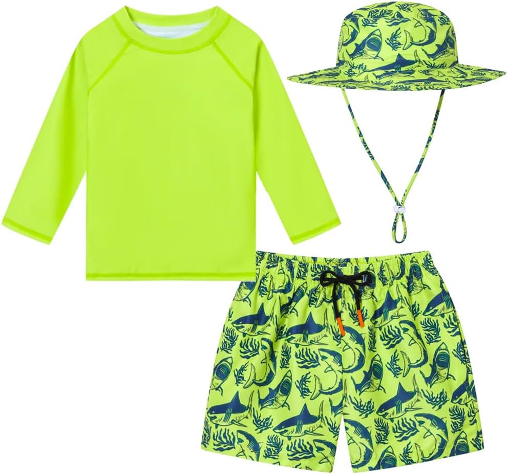 Baby Boys Swimsuit Summer Beach Rash Guard Swimwear Two Piece Sunsuit with Sun Hat