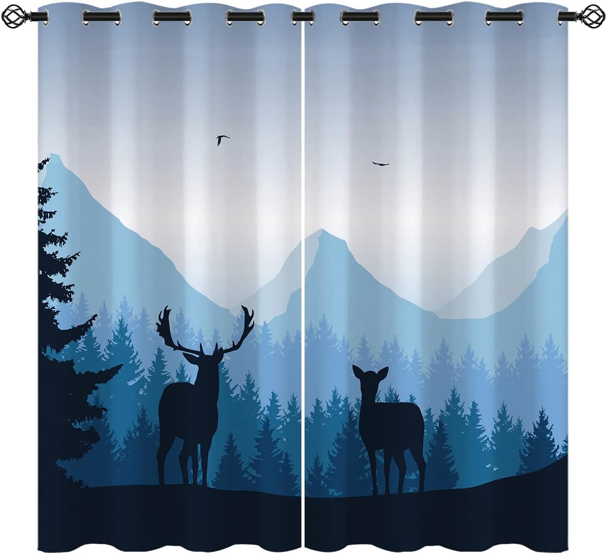 Deer Blackout Curtains for Girls Boy Home Decor, Nature Mountain Forest Landscape Animal Elk Grommet Thermal Insulated Drapes Darkening Window Curtain for Bedroom Living Room, 55 x 63 Inch