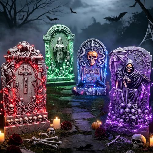 4 Pièces Tombe Decoration Halloween Exterieur, Pierre tombale Halloween, Decor Halloween de Jardin, Accessoires de Cour, Maison Hantée, Cimetière et Pelouse