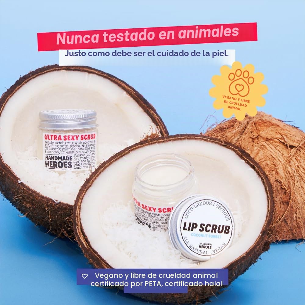 Handmade Heroes Exfoliante Labial 100% Natural, Vegano y Suave, Exfoliante de Azúcar y Coco para Labios Agrietados y Secos, 1 Onza