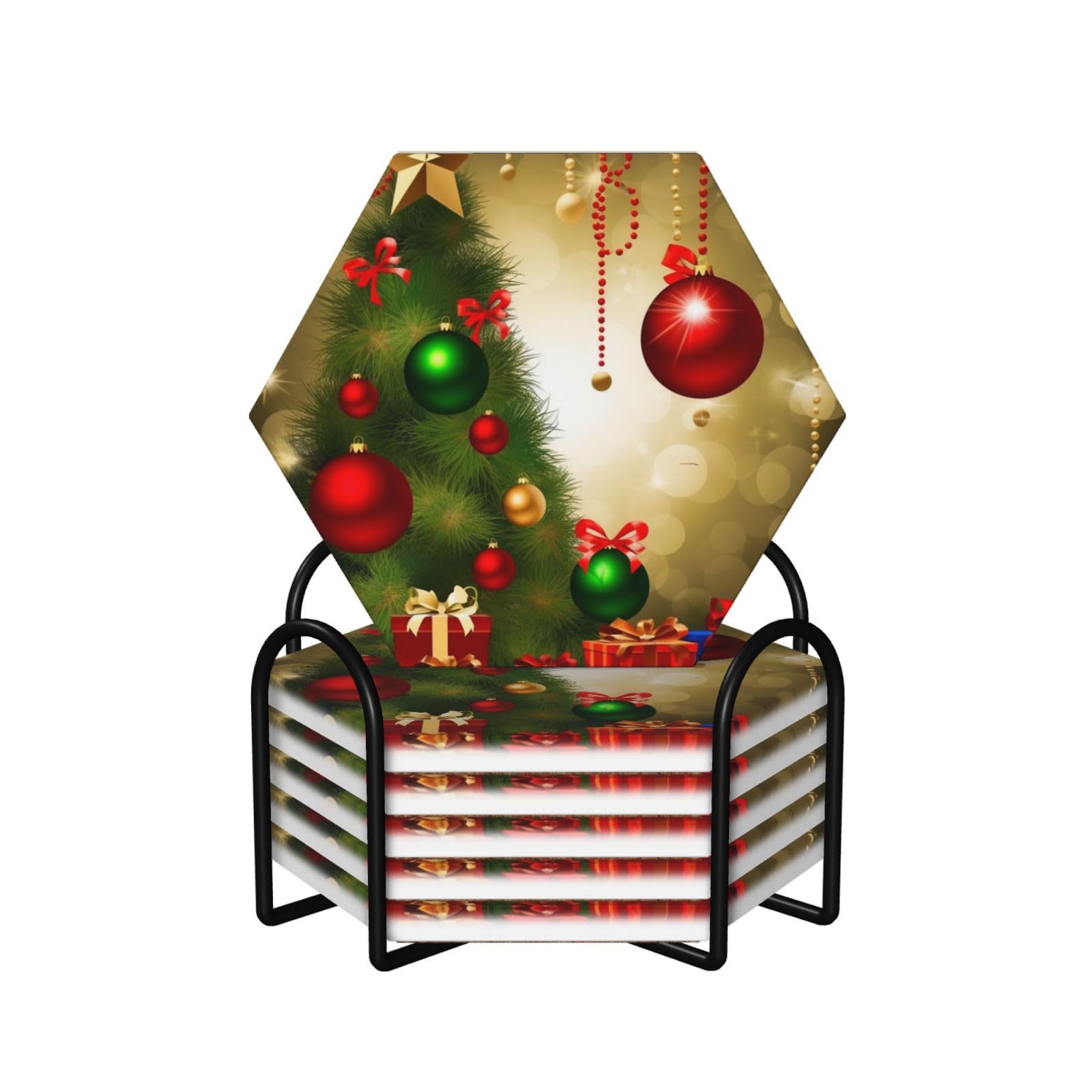 6Pcs Ceramics Coaster for Drinks, Merry Christmas Cup Coasters with Holder, Aesthetic Drink Coasters for Coffee Table, Absorbent Round Coaster for Tabletop Protection 4" Cup Mat Pad