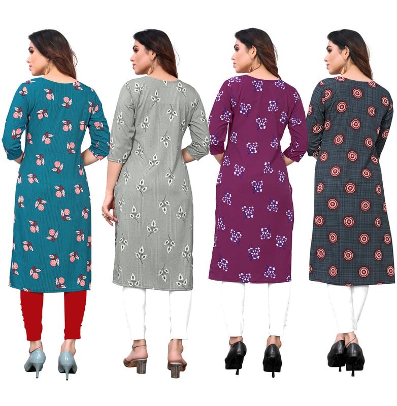 Image of JAKHANA Women's Crepe Printed Casual Straight Calf Length Round Nick Kurta Pack of 4