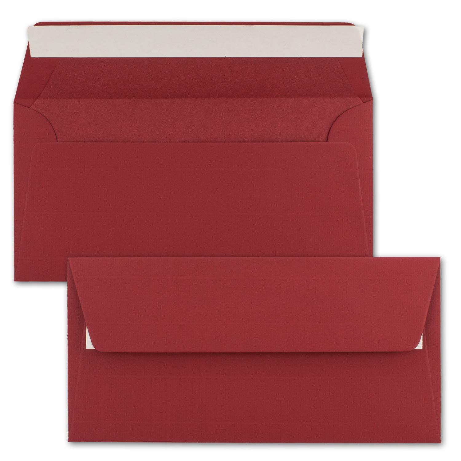 700 x koperty DIN długie 11 x 22 cm prążkowane w kolorze ciemnoczerwonym z podszewką z czerwonego papieru jedwabnego 110 g/m² samoprzylepne