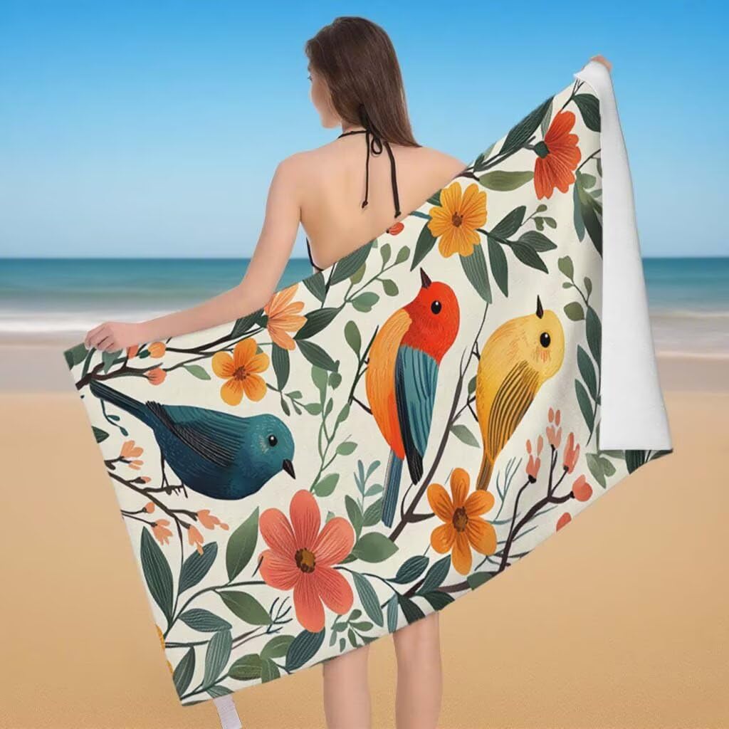 Telo Mare Microfibra 2 Set Telo Mare Grande 220x100cm/35x70cm Asciugamano Palestra Uomo, Leggero Antisabbia Asciugatura Rapida Vacanze Teli da Spiaggia per Piscina, Regalo Donna Uomo (Uccello) C-20