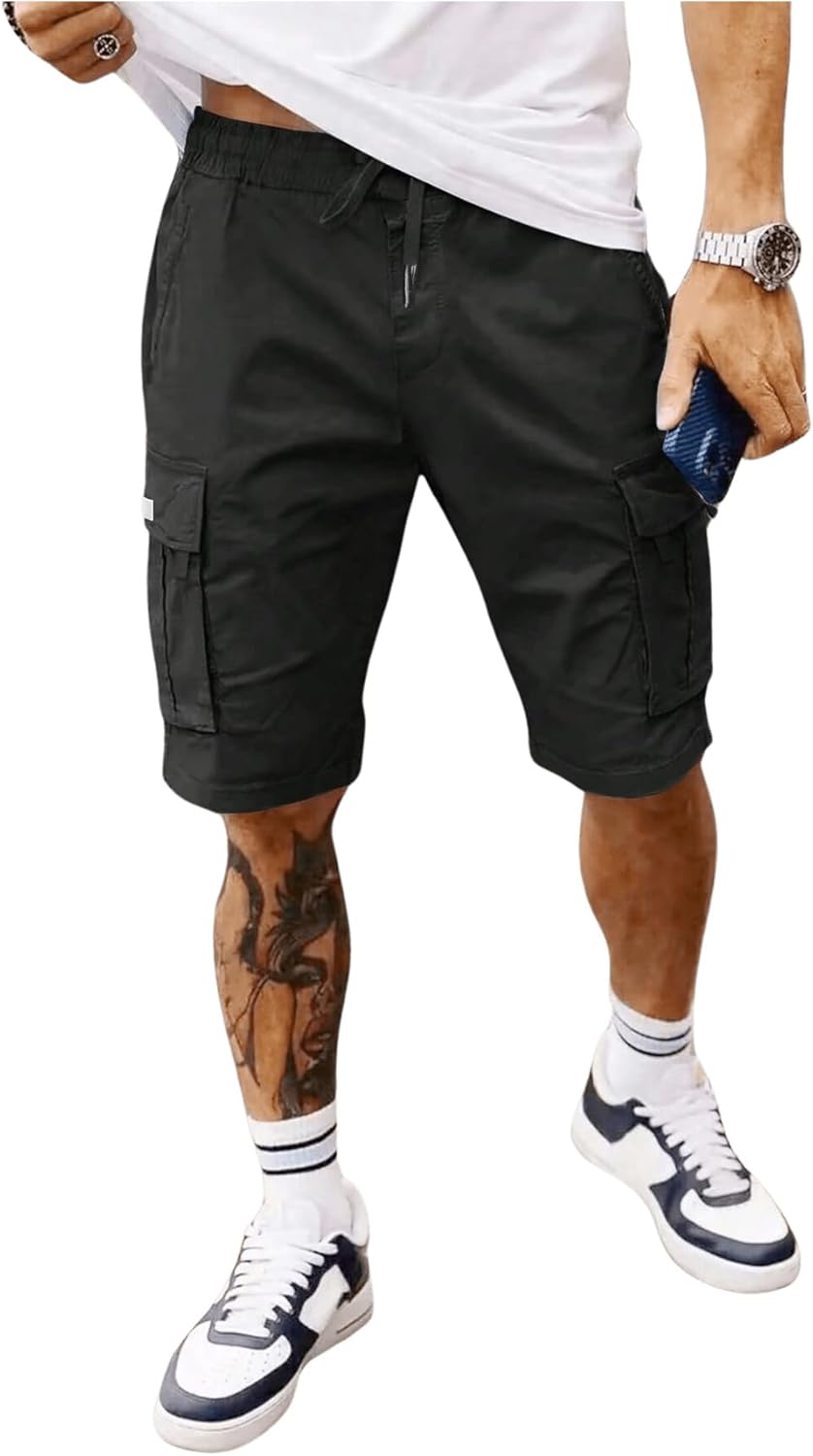OYOANGLE Men's Elastic Drawstring Waist Cargo Shorts Summer Flap Pocket Straight Leg Shorts