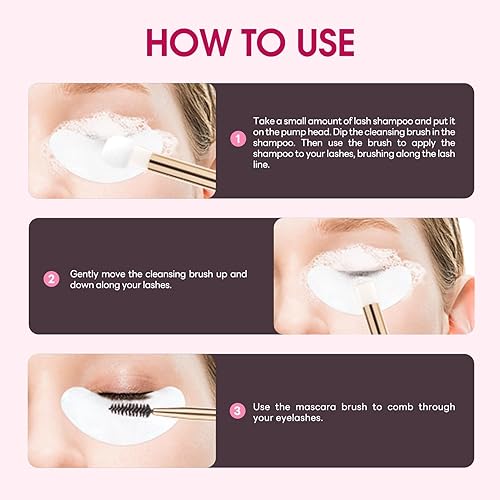 Lash Shampoo for Lash Extensions 1L/35fl.oz Eyelash Extension Cleanser Lash Cleaning Kit, Gentle Foaming Eyelash Shampoo with Brush and Wash Bottle for Salon Home Care Rose