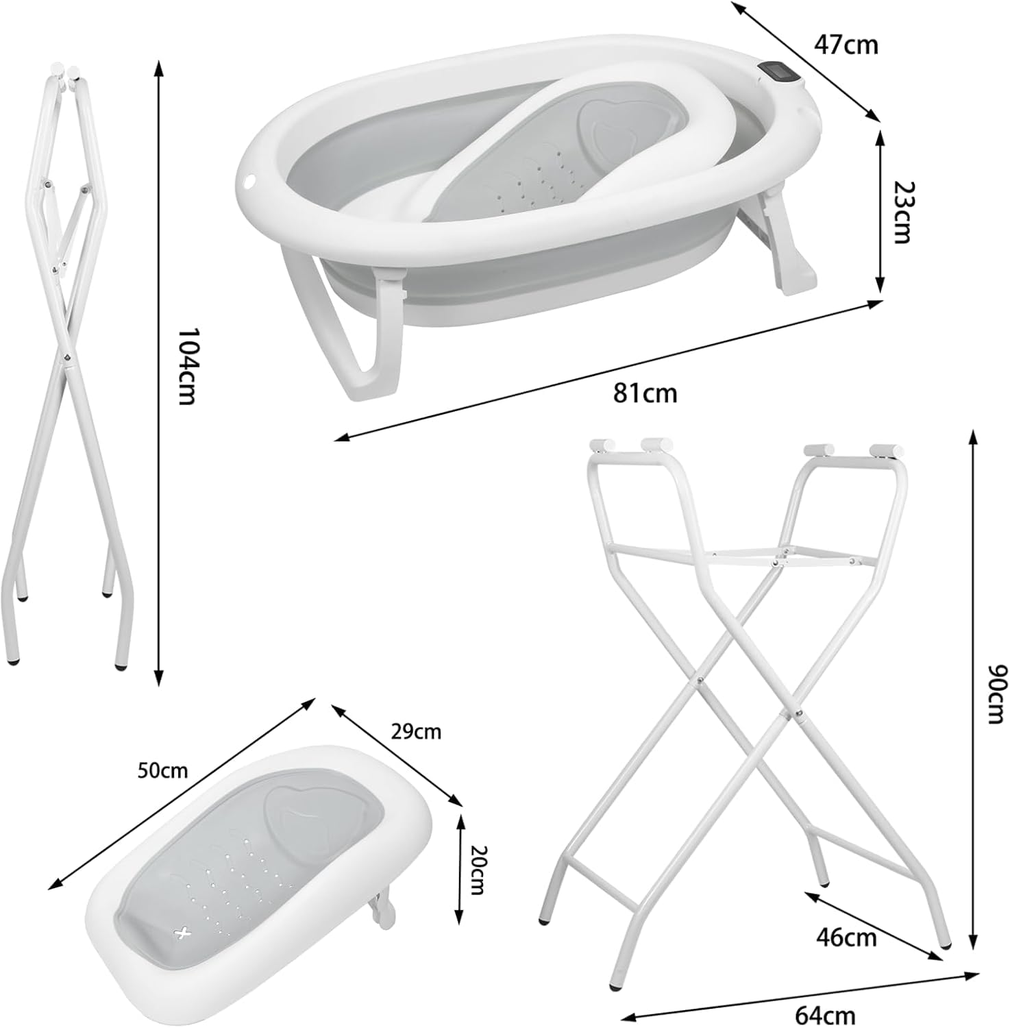 Vasca da bagno pieghevole con supporto in acciaio per neonati con termometro e tubo di scarico–Cuscino ergonomico neonato– guadagno di spazio piccolo bagno– 0-3 anni ((Style 1) 85 * 47 * 85cm-grey)