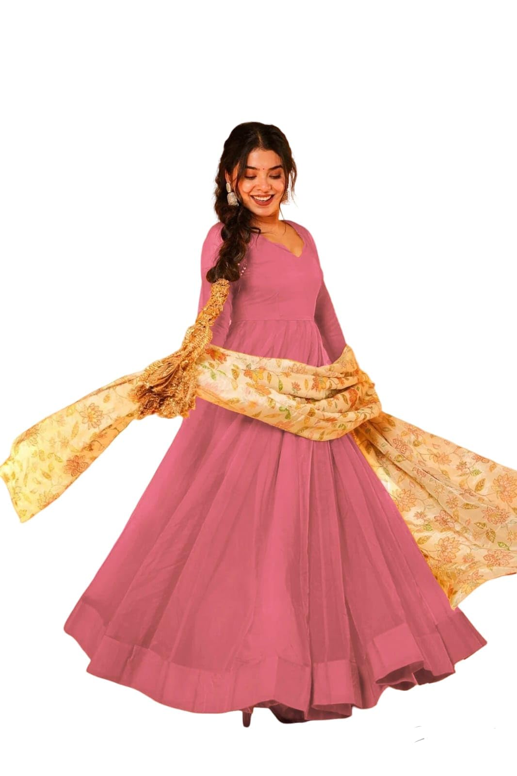 Women's Anarkali Gown with Floral Dupatta, Pink, Full Sleeve, Ethnic Wear